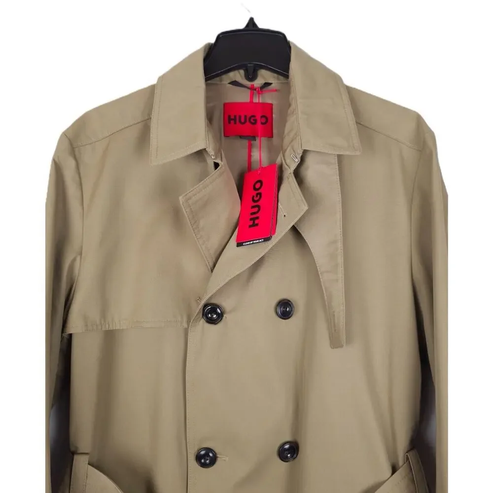 Hugo Boss Mens Regular Fit Raincoat 42R Open Brown Water Repellant Belted NWT